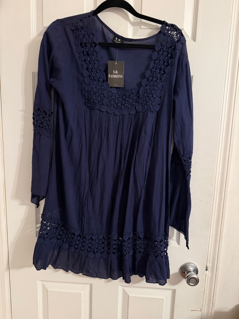 S.L. Fashions Navy Crochet-Trim Tunic Top Pool cover up